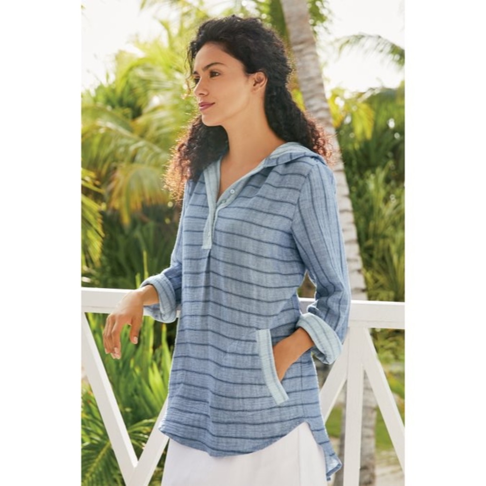 Soft Surroundings Seafarer Cotton Hoodie Top Beachy Vacation